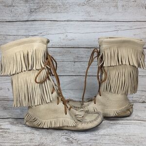 Huron Moc ENR Soft Light Tan Yellow Fringe Moccasins Size 6
